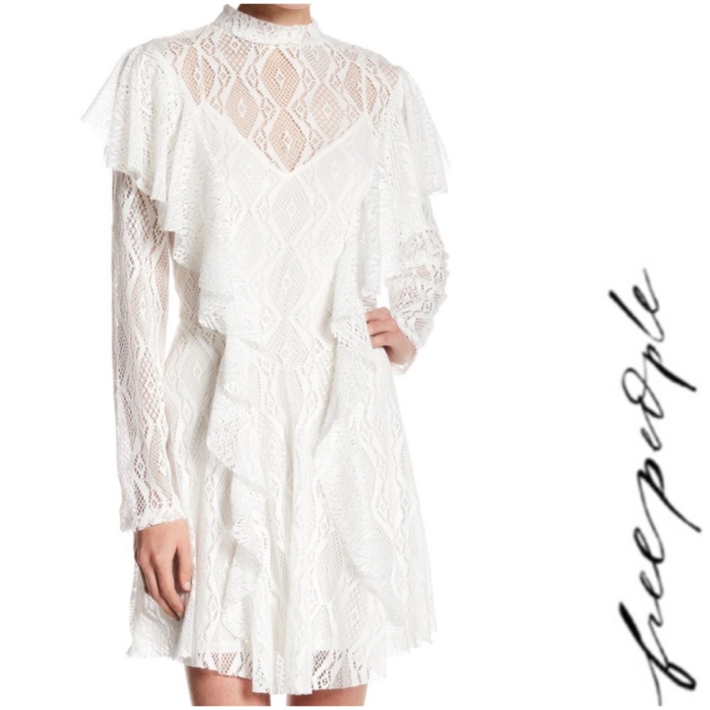 FREE PEOPLE Ivory Mock Neck Lace Ruffle Dress M